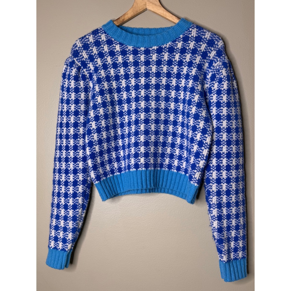 &merci Blue White Houndstooth Cropped Knit Sweater Womens Medium Crew Neck Puffy
